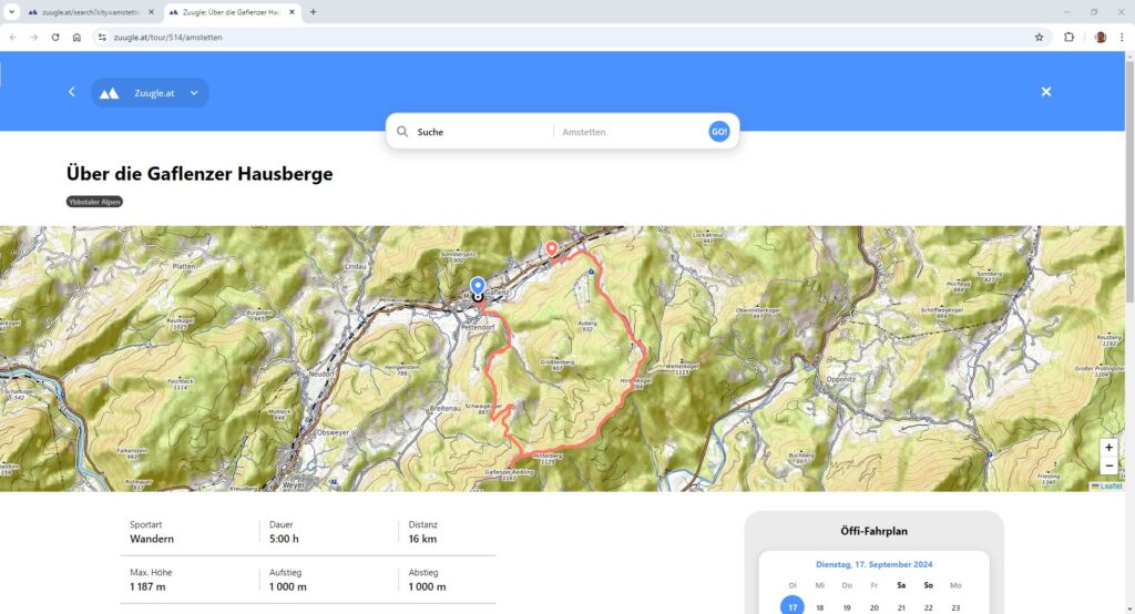 Zuugle: klassische Suche, Suchergebnisse, Detail, die wichtigsten Tour-Infos auf den ersten Blick 