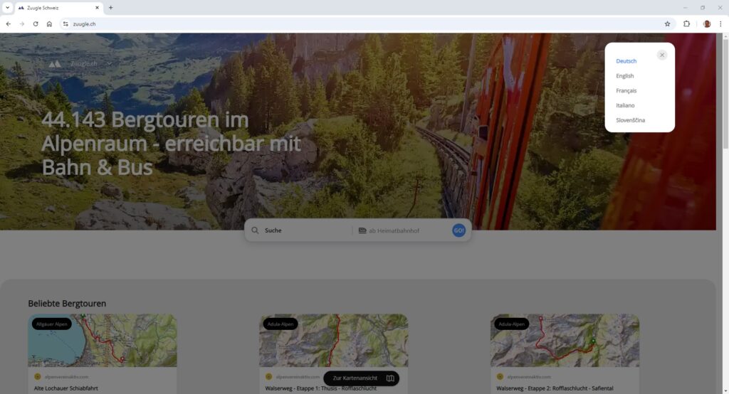 Zuugle Sprachen. Screenshot